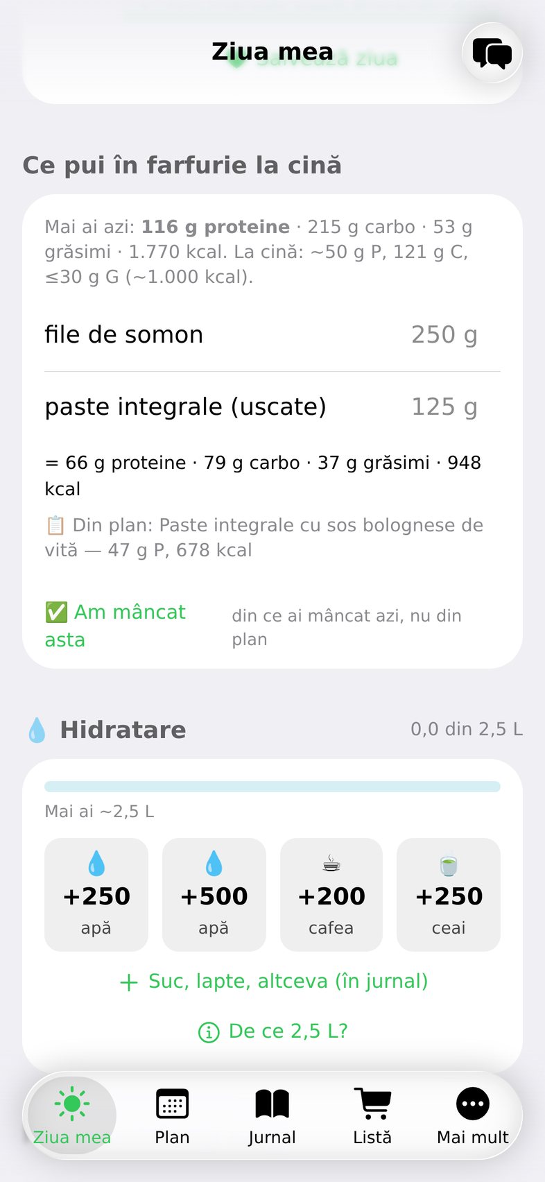 Recomandarea pentru cină: file de somon 250 g și paste integrale 125 g.